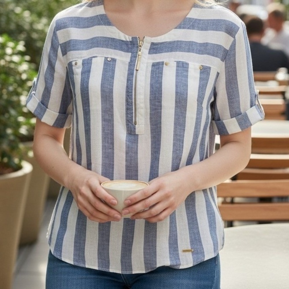 Ellen Tracy Women's Linen Pullover Top Striped Short Sleeve Blouse Blue White XL
